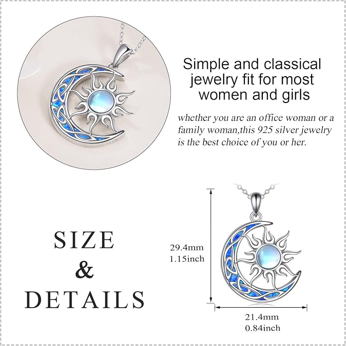 Sun and Moon Necklace for Women 925 Sterling Silver Celtic Crescent Moon Pendant Blue Opal/White Opal/Abelone Shell/Labradorite/Moonstone Jewelry Gift for Teen Girls