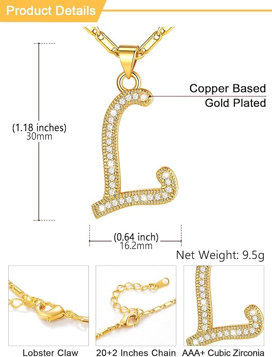 U7 Initial Necklace for Women, Gold/Platinum Plated CZ Crystal Letter A-Z Pendant Necklace, Shiny 20 Inch Name Chain Dainty Personalized Jewelry for Men Mom Wife Friend
