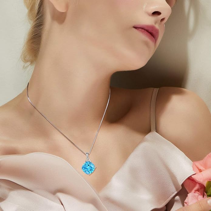 Square Cut Birthstone Necklace for Women Hypoallerg 925 Sterling Silver Cubic Zirconia Necklace Simple Jewelry for Her