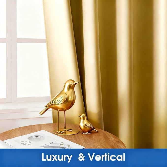 HOMEIDEAS 2 Panels Faux Silk Curtains for Living Room Gold Blackout Luxury Curtains, 52 X 63 Inch Room Darkening Thermal Insulated Christmas Window Drapes for Living Room, Bedroom Decor