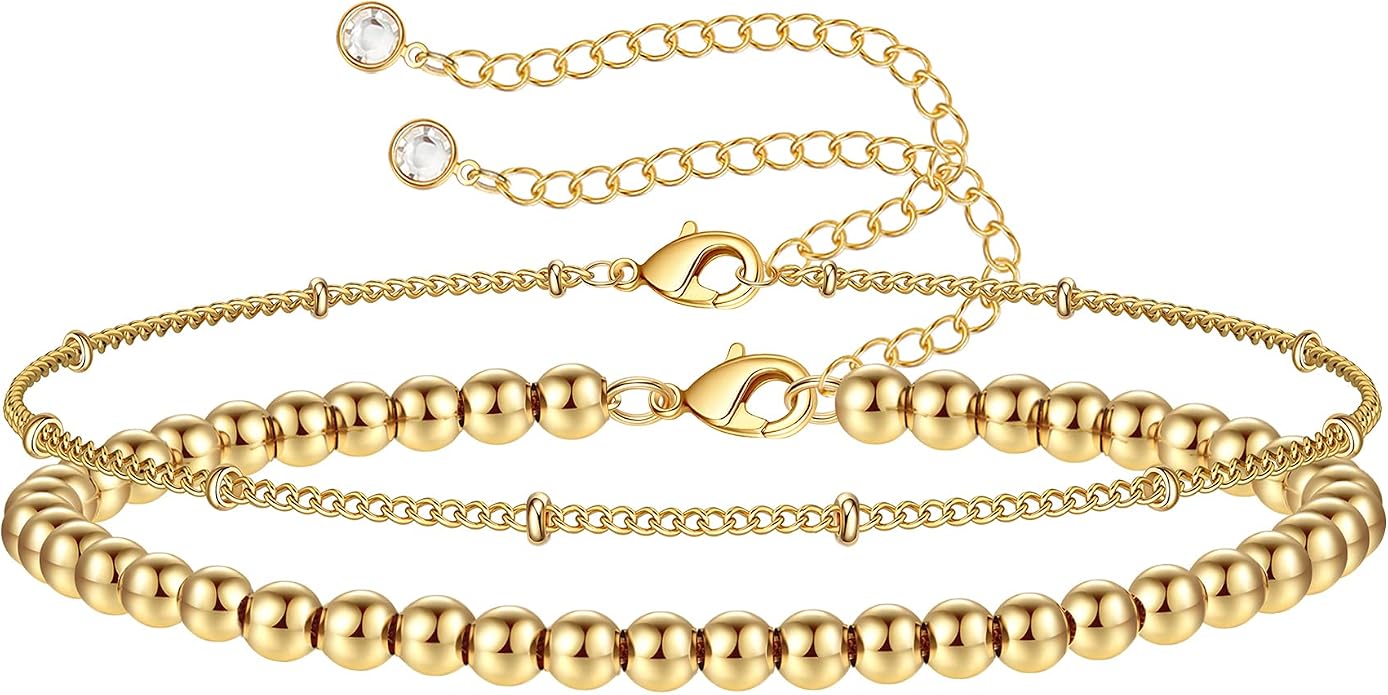 Dainty Gold Bracelets for Women, 14K Gold Plated Adjustable Layered Beads Bracelet Cute Evil Eye Oval Chain Pearl Bar Turtle Gold Bracelets for Women Jewelry