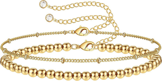 Dainty Gold Bracelets for Women, 14K Gold Plated Adjustable Layered Beads Bracelet Cute Evil Eye Oval Chain Pearl Bar Turtle Gold Bracelets for Women Jewelry