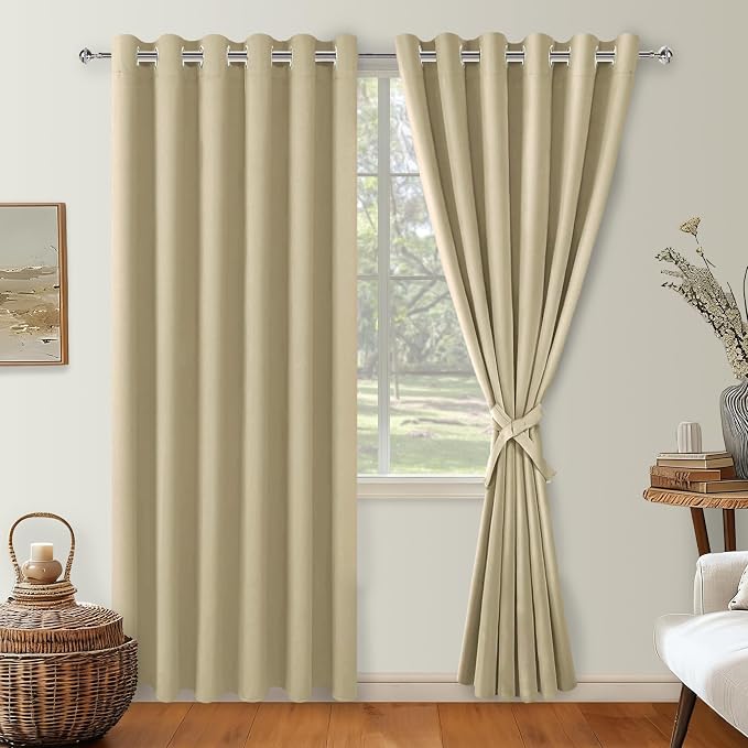 Hiasan Grommet Blackout Curtains for Bedroom, 70 x 84 Inches - Thermal Insulated & Light Blocking Window Drapes for Living Room/Dorm Room, Set of 2 Panels Sewn with Tiebacks, Light Beige