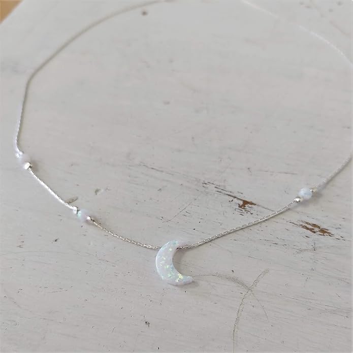 AVNIS White Opal Moon Necklace Crescent Moon Choker Jewelry, Dainty Box chain Length 16+2 Inches extender Gift for Girl Women