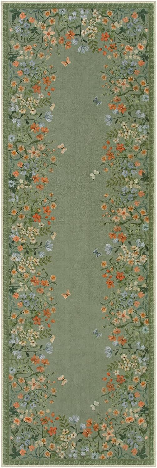 Wonnitar 2x6 Washable Runner Rug, Green Floral Hallway Runner, Boho Botanical Kitchen Rug, Non Slip Bedroom Runner for Side of Bed, Farmhouse Laundry Bathroom Decor (2x6 Green)