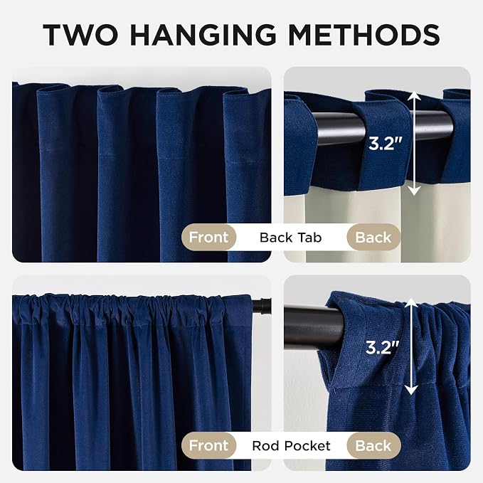 Joydeco 100% Blackout Velvet Curtains Royal Blue 96 Inch Back Tab | Luxury Thermal Insulated Velvet Curtains for Bedroom Living Room, Soundproof Blackout Window Drapes