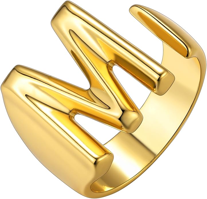 KeyStyle Bold Initial Letter Rings Adjustable, GoldChic Jewelry Women Gold Statement Ring Personalized Engraved Women’s Open Signet Ring for Party (Gold, White Gold, Black)