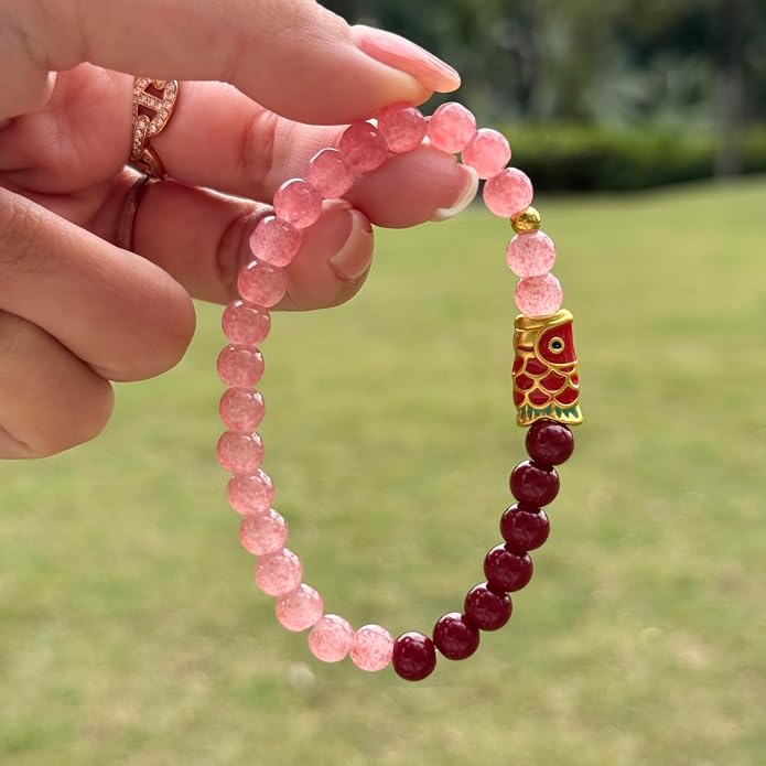 LINGYUAN Feng Shui Wealth and Luck Bracelet with Gold Foil Five Gods Amulet-Red Agate Cinnabar Gemstone Bracelet for Prosperity, Protection & Success, Lucky Charm Gift for Men & Women