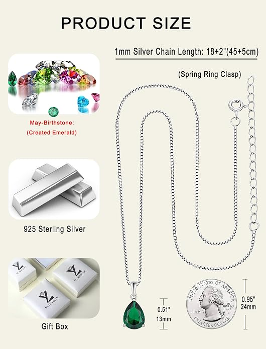 YL Teardrop Necklace 925 Sterling Silver Solitaire Pendant 9x12 MM Pear Cut Multicolored Birthstone Jewelry for Women
