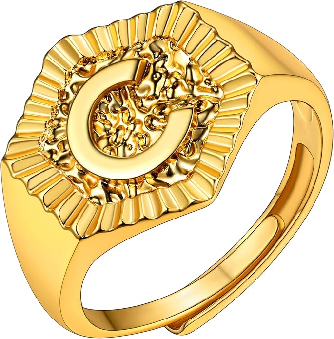 KeyStyle Bold Initial Letter Rings Adjustable, GoldChic Jewelry Women Gold Statement Ring Personalized Engraved Women’s Open Signet Ring for Party (Gold, White Gold, Black)