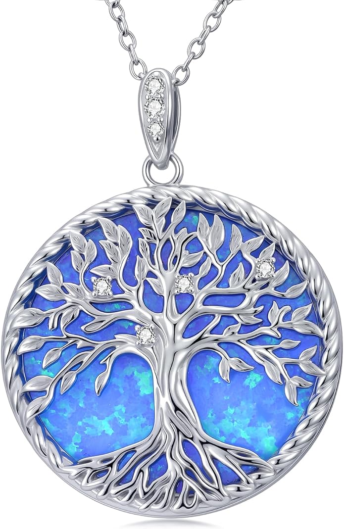 Tree of Life Moissanite Necklace, 925 Sterling Silver 0.5 Carat Moissanite Abalone Shell/Opal/Black Onyx/Turquoise/Malachite/Tiger Eye Stone Tree of Life Pendant Necklaces Jewelry Gift for Women Mom