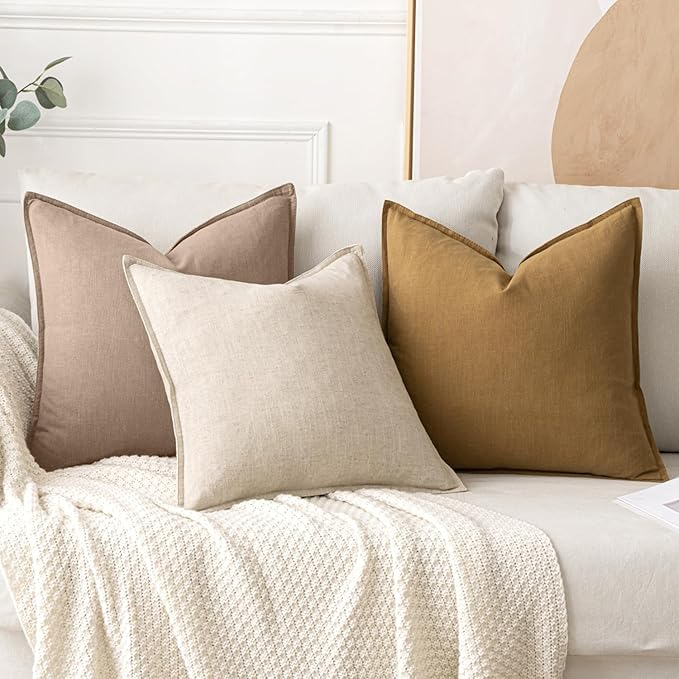 MIULEE Decorative Linen Pillow Covers 18x18 Inch Camel | Boho Farmhouse Neutral Couch Throw Pillows for Bed, Pack of 2 Accent Modern Pillowcases, Sofa Livingroom Home Decor