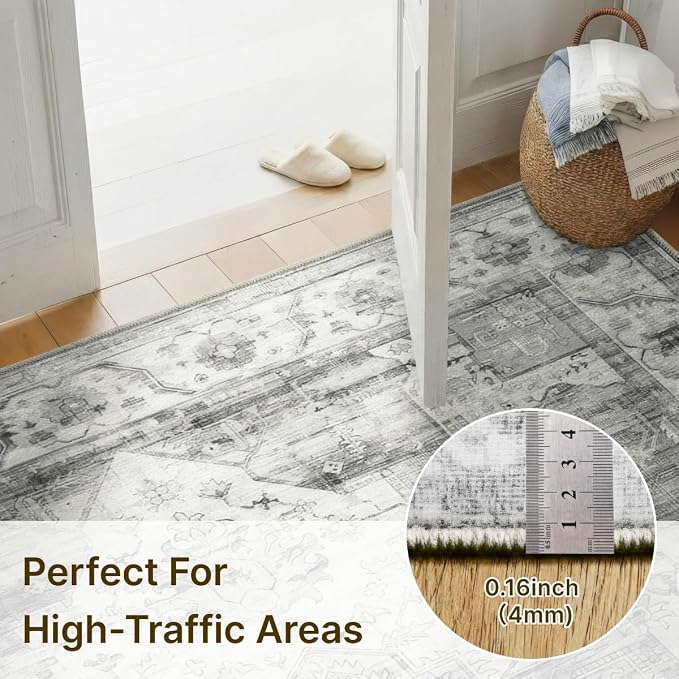 6x9 Area Rug for Living Room-Vintage Farmhouse Boho Floral Washable Stain Resistant Indoor Carpet for Bedroom Office and Home Decor(Black&Grey)