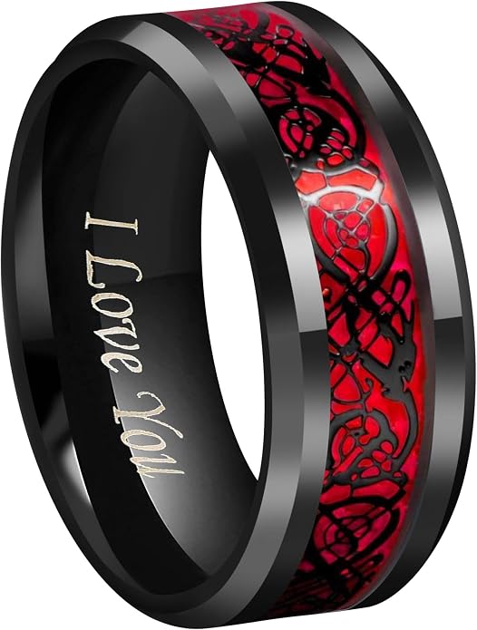 CROWNAL Black Dragon Men Black Tungsten Carbide Ring Wedding Band 6mm 8mm 10mm Red Carbon Fiber Black Celtic Dragon Inlay Engraved I Love You Size 7 to 17