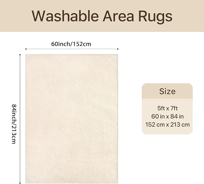 GENIMO Soft Washable Area Rugs 5x7, 3D Modern Stripe Textured Living Room Rug, High-Low Pile Non Slip Fuzzy Carpet, Non-Shedding Stain Resistant Thin Beige Carpet for Bedroom, Dining Room, Nursery