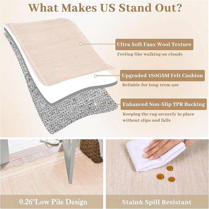 Garvee Washable Rug 8x10 Area Rugs for Living Room Bedroom, Non Slip Low Pile Solid Neutral Soft Carpet, Modern Scalloped Pattern, Faux Wool Floor Mats for Dining Room Home Office, Natural Ivory | Rugs for Living Room, Non-Slip Soft Carpet for Bedroom,...