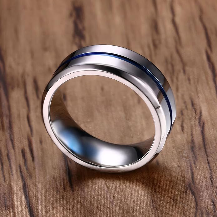 MMTTAO Men's Titanium Ring Wedding Bands for Men Women 6MM 8MM 10MM Black/Blue/Silver Engagement Band Wedding Rings Beveled Edge Brushed Matte Finished & Polished Grooved Center Comfort Fit Size 6-13