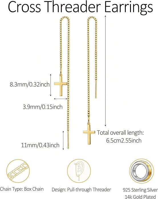 Cross Threader Earrings for Women 925 Sterling Silver Dainty Long Chain Ear Line 14K Gold Plated Elegant Cross Faith Dangle Tassel Earrings Hypoallergenic Drop Stud Christian Wedding Jewelry Gift