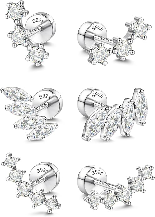 14K Gold Plated Solid 925 Sterling Silver Post Flat Back Earrings Stud | Cartilage Helix Conch Tragus Piercing Jewelry 3 Pairs Tiny Screw Dainty CZ Opal Earring Set Men Women