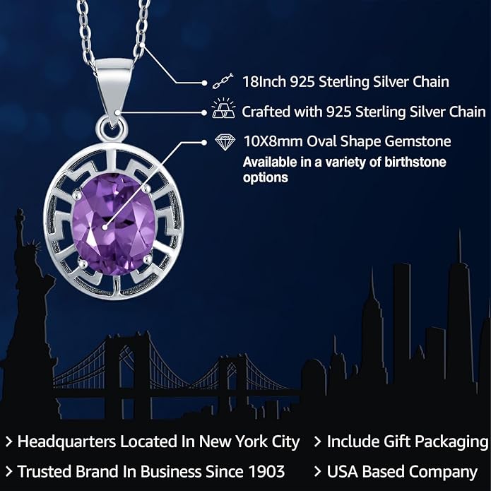 Gem Stone King 925 Sterling Silver 10X8MM Oval Gemstone Birthstone Necklace | Greek Key Pendant Necklace for Women | With 18 Inch Silver Chain