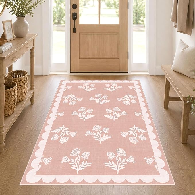 Pink Floral Rug for Girls Bedroom - 3x5 Soft Washable Non Slip Boho Bathroom Rug Preppy Cute Scalloped Small Throw Rugs for Entryway Kitchen Nursery Kids Room Playroom Dorm Home Decor