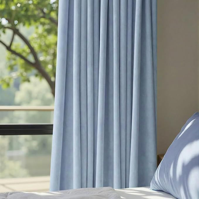 Dusty Blue Velvet Curtains 108 Inches Long 2 Panels Set Light Blue Luxury Blackout Curtains for Bedroom Living Room Super Soft Thermal Insulated Grey Blue Window Drapes Back Tab Rod Pocket 108 Length
