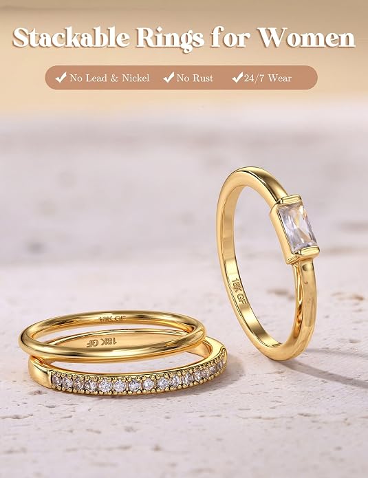 Gold Stackable Birthstone Rings for Women - 18K Gold Filled Non Tarnish Dainty Gold Stacking Rings Set - Cubic Zirconia Thumb Knuckle Ring Wedding Engagement Ring for her Gifts Size 6 7 8 9 10 3pcs