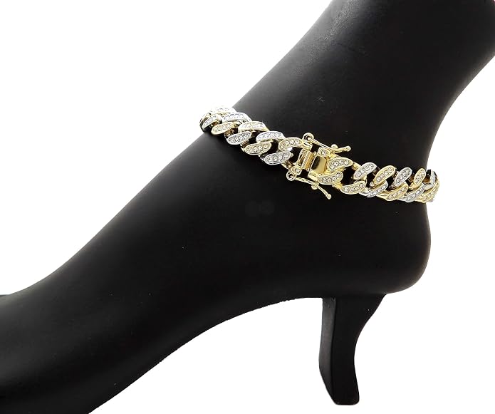 Fashion 21 Women's Stone Filled 10mm, 12mm Various Length Box Lock Cuban Chain Anklet