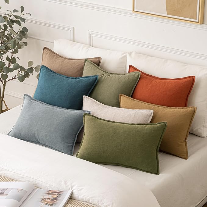 MIULEE Decorative Linen Pillow Covers 18x18 Inch Green | Boho Farmhouse Neutral Couch Throw Pillows for Bed, Pack of 2 Accent Modern Pillowcases, Sofa Livingroom Home Decor