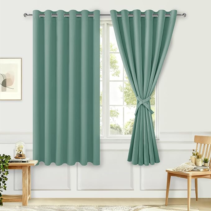 Hiasan Grommet Blackout Curtains for Bedroom, 70 x 63 Inches - Thermal Insulated & Light Blocking Window Drapes for Living Room/Dorm Room, Set of 2 Panels Sewn with Tiebacks, Sage Green
