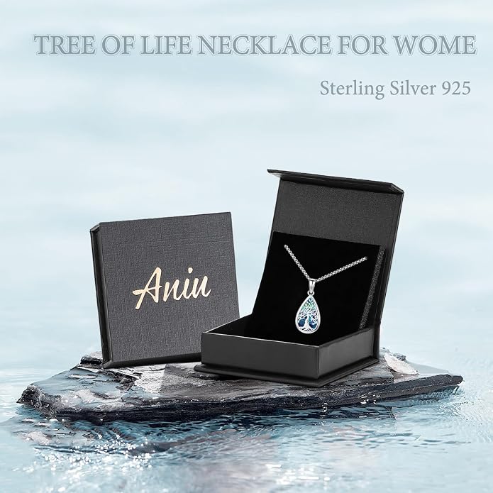Aniu Tree of Life Necklace for Women, 925 Sterling Silver Mother of Pearl Family Palm Tree Charm Pendant Jewelry for Birthday Christmas Gift