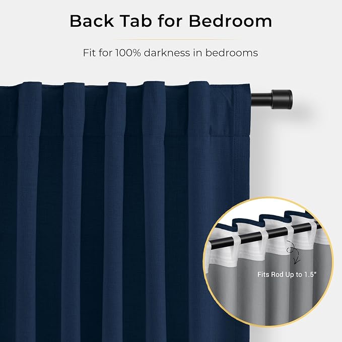 INOVADAY 100% Blackout Curtains for Bedroom, Midnight Blue Black Out Curtains 84 Inch Long, Clip Rings Linen Blackout Drapes, Thermal Insulated Room Darkening for Living Room, 1 Panel - W102xL84
