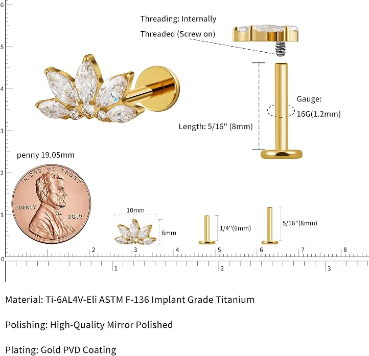 FINE4U 1PC ASTM F136 Titanium 16G Flatback Stud for Tragus, Helix, Conch 6mm 8mm - Screw on Cartilage Earring Piercing Jewelry