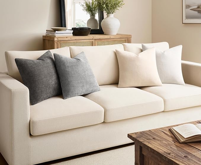 Pack of 4 Throw Pillow Covers 20x20 Inch Chenille Textured Neutral Grey Soft Pillow Covers Solid Decorative Farmhouse Cushion Covers Home Boho Decor for Couch Sofa Bed Living Room