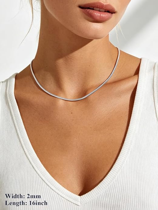 U7 Snake Necklace for Women 14K Gold Plated/Silver/Rose Gold/Black Chain Necklace Hypoallergenic, Stainless Steel Tiny Snake Chain Necklace 1/1.2/1.5/2MM, 14-30" Adjustable Minimalist Gift