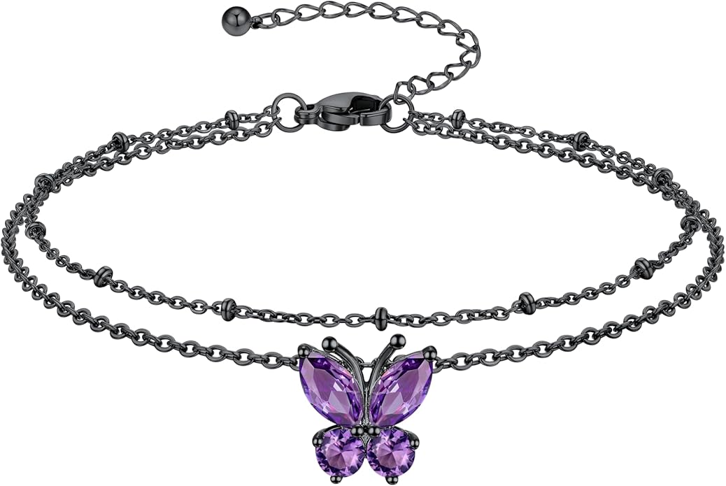 Richsteel Double Layer Heart/Butterfly Birthstone Anklet for Women Non Tarnish Waterproof, Silver/Gold/Black Stainless Steel 8.5-10.5 Inch Adjustable Chain Anklets Jewelry Gifts for Her