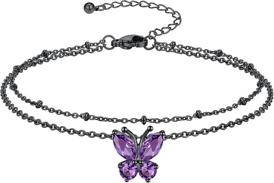 Richsteel Double Layer Heart/Butterfly Birthstone Anklet for Women Non Tarnish Waterproof, Silver/Gold/Black Stainless Steel 8.5-10.5 Inch Adjustable Chain Anklets Jewelry Gifts for Her