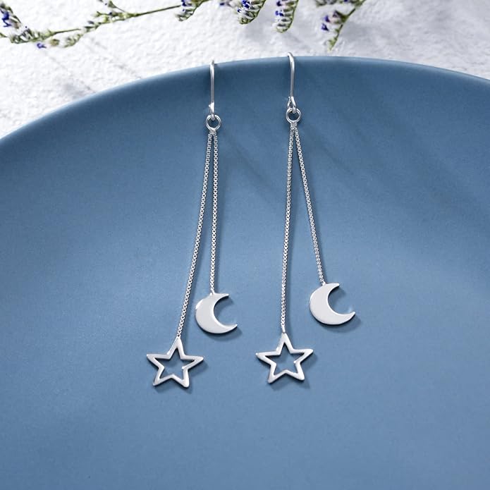 VONALA Moon Star Threader Earrings Sterling Silver Long Earrings for Women Hypoallergenic Tassel Chain Earrings for Teen Girls