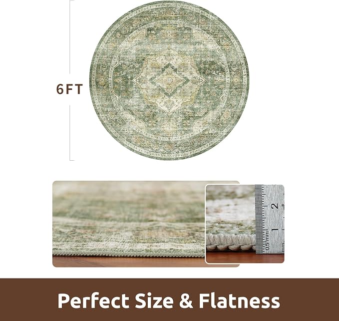 AMOAMI-6FT Round Rug-Rugs for Living Room-Vintage Soft Olive Green Rugs for Bedroom-Non Slip Circle Rug-Machine Washable Rug for Dining Room Living Room Bedroom Office Under Table