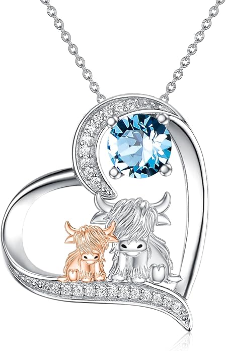 Highland Cow Gifts for Women 925 Sterling Silver Highland Cow Birthstone Necklace Fluffy Cow Jewelry Gifts Birthday Christmas