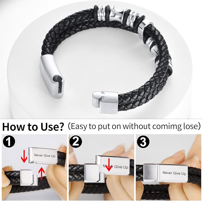 ChainsHouse Mens Wrap Braided Leather Black Bead Bracelets Bangles, Vintage Star of David/Wing Skull/Templar Cross Genuine Leather Bracelet, Customize Available, Size 7.5/8.3/9.0 Inch, Send Gift Box