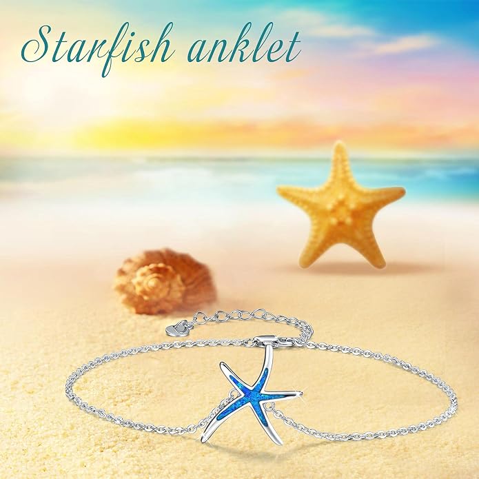 Cuoka Starfish Bracelet 925 Sterling Silver with White Fire Opal Chain Bracelets Ocean Jewelry Birthday For Women
