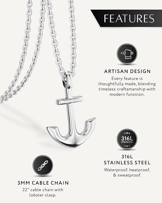 RTZN® Pendant Necklace for Men – Premium Stainless Steel Silver Pendant Necklace with 22" Chain – Waterproof & Non-Tarnish Small Pendants for Men – Bold Symbols of Strength & Legacy