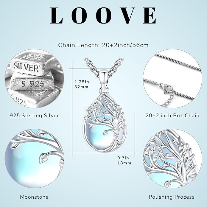 Sterling Silver Tree of Life Necklace for Women Oval Family Tree Necklace Abalone Shell Moonstone Pendant Mother Day Necklace for Mom Tree of Life Jewelry