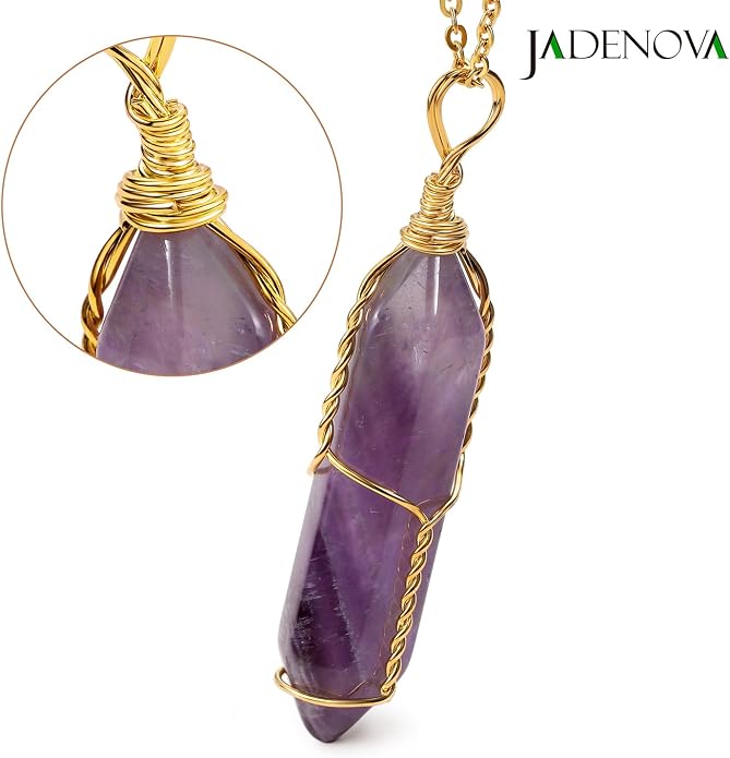 JADENOVA Full Wire Wrapped Energy Healing Crystal Gemstone Pendant Necklace 18" Stainless Steel Chain