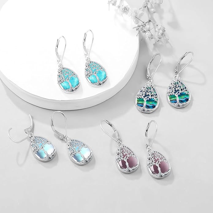 Odinstone 925 Sterling Silver Earrings Tree of Life Teardrop Moonstone Dangle Drop Leverback Earrings for Women