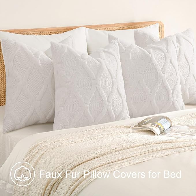 decorUhome Set of 4 Faux Fur Cream White Throw Pillow Covers 20x20 | Neutral Decorative Soft Plush Couch Pillow Covers, Farmhouse Pillow Cases for Living Room Bed Sofa
