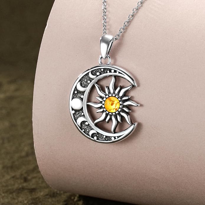 Sun and Moon Necklace 925 Sterling Silver Sun Moon Pendant Gemstone Jewelry Gifts for Women