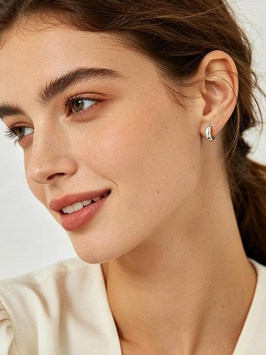 Silvora 14K Gold Plated Chunky Hoop Earrings for Women, Small Thick Huggie Hoops with 925 Sterling Silver Post, Hypoallergenic Lightweight Hoop Earrings, 8/10/12/14mm