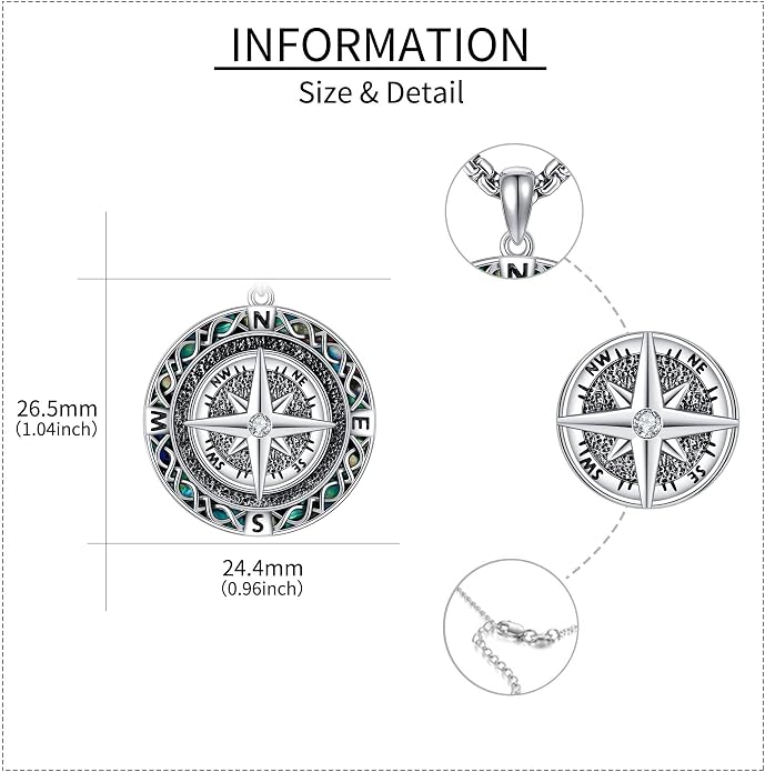 Compass Thor Hammer Necklace Sterling Silver Viking Compass Mjolnir Jewelry Gift for Men